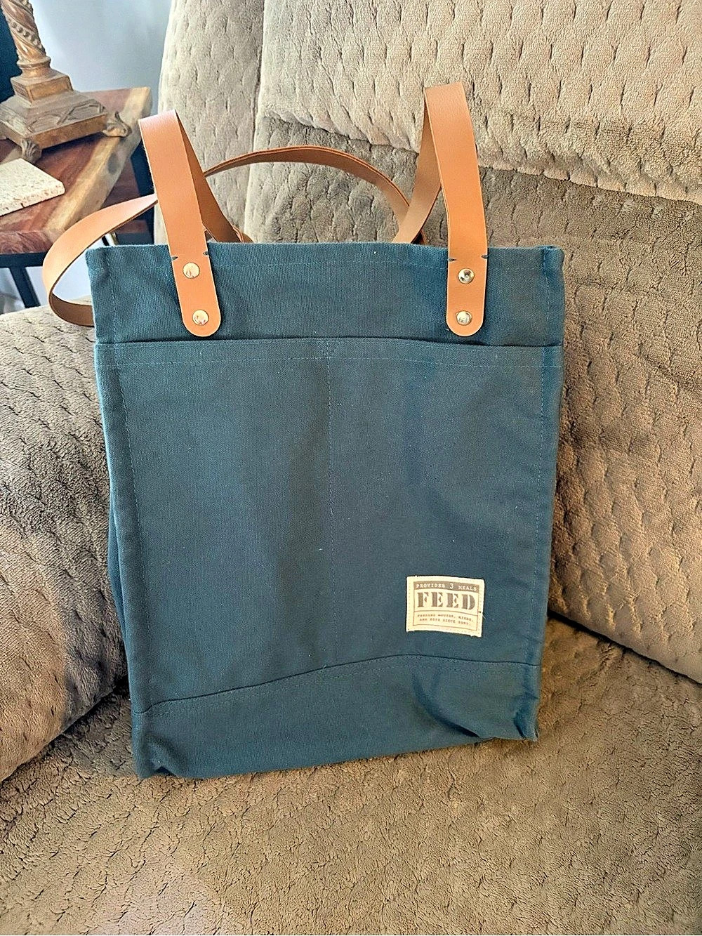 FEED Canvas Market Tote in Blue & Brown